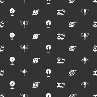 Paskalya yumurtası, yusufçuk sineği, orman ve bahçe hortumunu kusursuz desenlere ayarlayın. Vektör