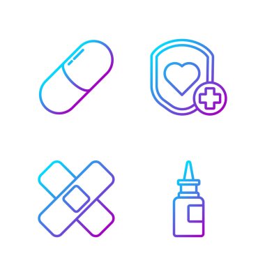 Burun spreyi, çapraz sargı bezi, ilaç hapı, tablet, kalkan ve kalp atışı ayarlayın. Renk simgeleri. Vektör.