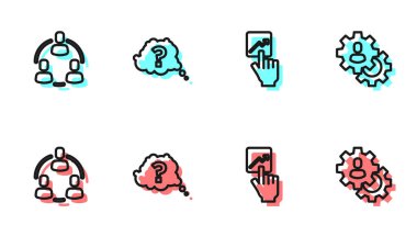 Takım lideri, Proje ekibi üssü, Soru işareti ve kafa avlama ikonu. Vektör.