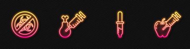 Pipette, Stop GMO, Gmo araştırma tavuğu ve genetik olarak modifiye edilmiş elma. Parlayan neon ikonu. Vektör.