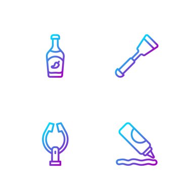 Ketçap şişesi, et maşası ve Spatula. Renk simgeleri. Vektör.