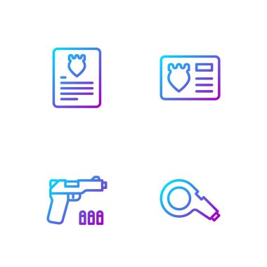 Whistle, Pistol veya silah, tutuklama emri ve kimlik kartlı polis rozeti. Renk simgeleri. Vektör