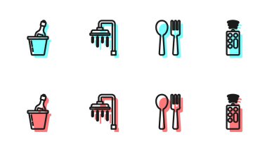 Çatal ve kaşık, buz kovasında şampanya, duş ve uzaktan kumanda ikonu. Vektör