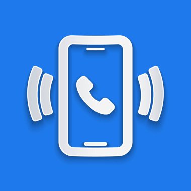 Kağıt kesiği Telefon 24 saat destek ikonu mavi arkaplanda izole edildi. Tüm gün müşteri destek merkezi. Tam zamanlı çağrı servisi. Kağıt sanatı tarzı. Vektör.