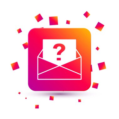 Beyaz arkaplanda soru işareti simgesi olan beyaz zarf. Soru işareti sembollü mektup. İsteği e-postayla gönder. Kare renk düğmesi. Vektör.
