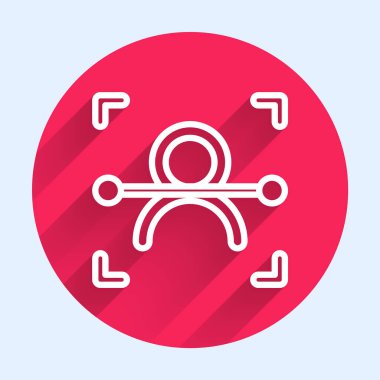 Beyaz çizgi yüz tanıma simgesi uzun gölgeyle izole edildi. Yüz tanımlama simgesi. Yüz tanıma. Siber güvenlik kavramı. Kırmızı daire düğmesi. Vektör.