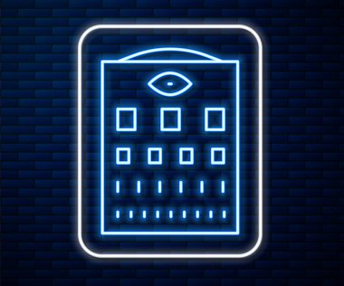 Parlayan neon hattı göz testi simgesi tuğla duvar arka planında izole edildi. Optalmik çalışmada görme testi için bir poster. Snellen çizelgesi. Vektör.