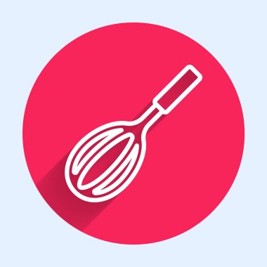 Beyaz çizgi Mutfak çırpma ikonu uzun gölgeli izole edilmiş. Mutfak aletleri, yumurta çırpıcı. Çatal bıçak seti. Yemek karışımı sembolü. Kırmızı daire düğmesi. Vektör.