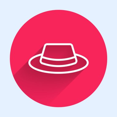 Uzun gölgeli şerit ikonlu beyaz çizgi adamı şapkası. Kırmızı daire düğmesi. Vektör.