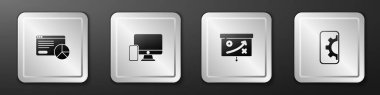 Web sitesi istatistiği, Monitor ve Mobile, Planlama stratejisi konsepti ve geliştirme simgesini ayarla. Gümüş kare düğme. Vektör.