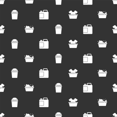 Tişört, sabun köpüğü, çöp tenekesi ve temizleme maddesi için bir şişe hazırla. Vektör