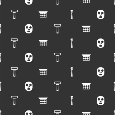 Makyaj fırçası, yüz kozmetik maskesi, aynalı tıraş bıçağı ve pudra, kusursuz desenler. Vektör