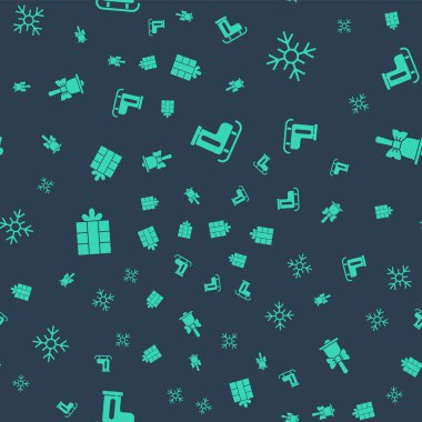 Artistik patenler, kar tanesi, hediye kutusu ve kusursuz desenli Mutlu Noeller çanı. Vektör