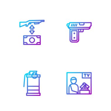 Reklam silahı, el bombası, saldırı tüfeği, tabanca ya da silah alın. Renk simgeleri. Vektör.