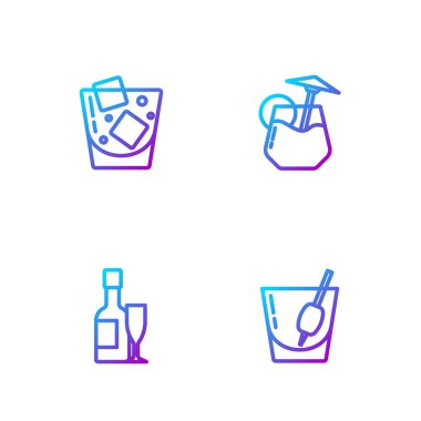 Kokteyl Bloody Mary, şampanya şişesi ve bardak, bir bardak viski ve... Renk simgeleri. Vektör.