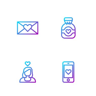 Sabit hatlı kalp, aşık çift, Zarfta Sevgililer Günü ve Çikolata şekeri. Renk simgeleri. Vektör.