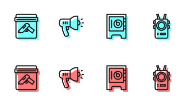 Hat güvenli, silah dolu kanıt çantası, polis megafonu ve vücut kamerası ikonu. Vektör