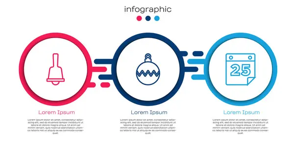 Setzen Sie Linie Frohe Weihnachten Klingelt Glocke Kugel Und Kalender — Stockvektor