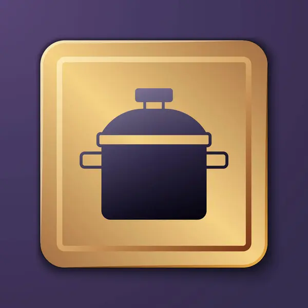 紫色烹饪壶图标孤立在紫色背景 蒸煮或炖煮食品的象征 金正方形按钮B — 图库矢量图片