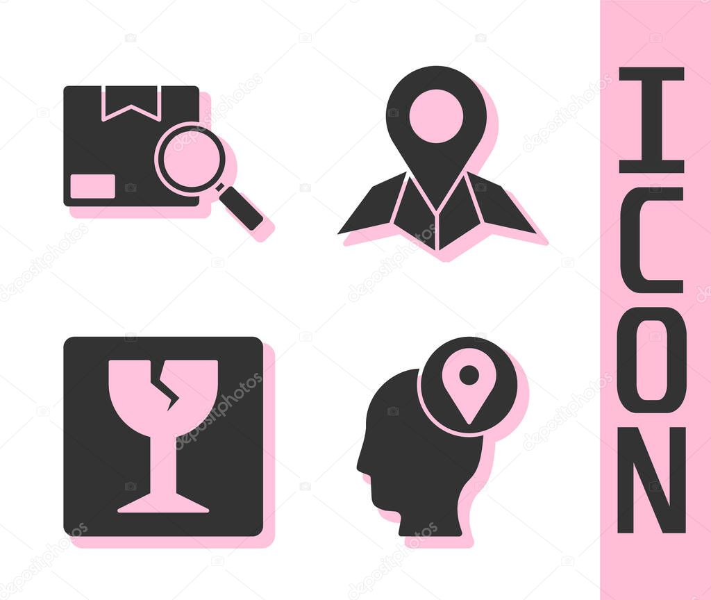 Set Delivery man with cardboard boxes, Search package, Fragile broken glass and Placeholder on map paper icon. Vector.
