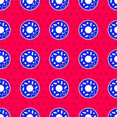 Kırmızı arka planda izole edilmiş tatlı simgeli mavi çörek. Vektör.