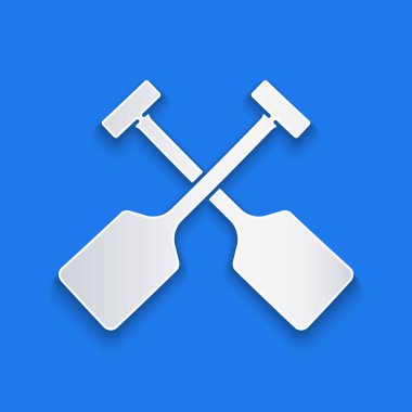 Kağıt kesiği Paddle simgesi mavi arkaplanda izole edildi. Kürek çekin. Kağıt sanatı tarzı. Vektör.