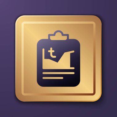 Mor Gezegen Dünyası mor arka planda izole edilmiş küresel ısınma simgesine dönüşüyor. Ekolojik problemler ve çözümler - termometre. Altın kare düğme. Vektör.