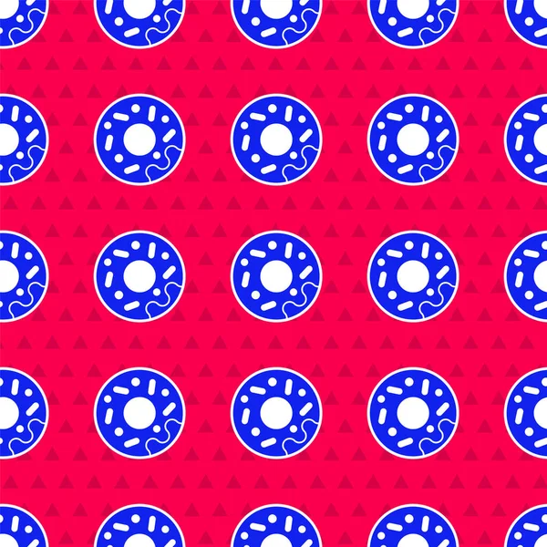 Kırmızı arka planda izole edilmiş tatlı simgeli mavi çörek. Vektör.