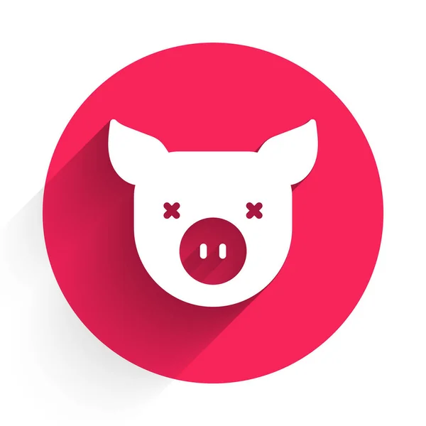 stock vector White Pig icon isolated with long shadow. Animal symbol. Red circle button. Vector.