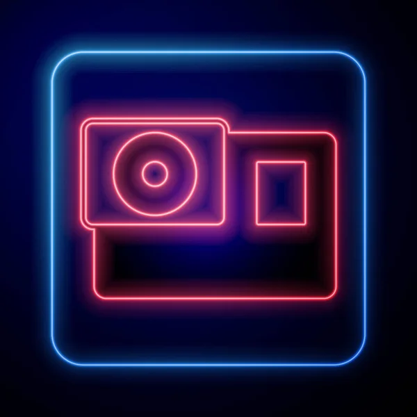 发光的霓虹灯行动极端相机图标孤立在黑色背景 拍摄极限运动的摄像机设备 — 图库矢量图片