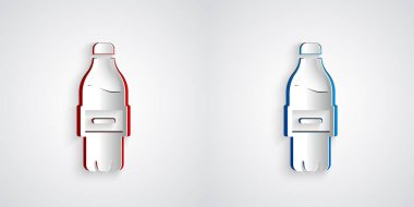 Kağıt kesiği, gri arkaplanda izole edilmiş bir şişe su ikonu. Soda su içme tabelası. Kağıt sanatı tarzı. Vektör.