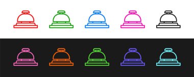 Hat Hotel servis çanı simgesi siyah beyaz arkaplanda izole edildi. Resepsiyon zili. Vektör.