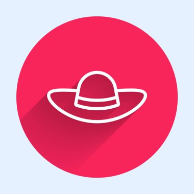 Beyaz çizgi, uzun gölgeli, zarif kadın şapka ikonu. Kırmızı daire düğmesi. Vektör.