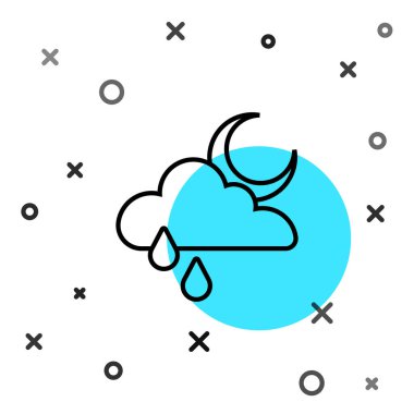 Beyaz zemin üzerinde yağmur ve ay ikonu olan siyah çizgi bulutu. Yağmur damlaları ile yağmur bulutu yağışı. Rastgele dinamik şekiller. Vektör.