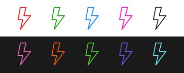 Çizgi Şimşek simgesi siyah beyaz arkaplanda izole edildi. Flaş işareti. Flaş ikonunu yükle. Gök gürültüsü. Yıldırım çarpması. Vektör.