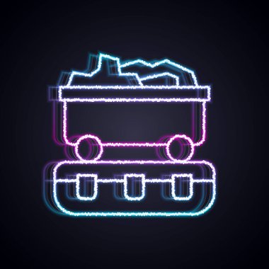 Parlayan neon hattı Kömür Treni ikonu siyah arka planda izole edildi. Demiryolu taşımacılığı. Vektör.