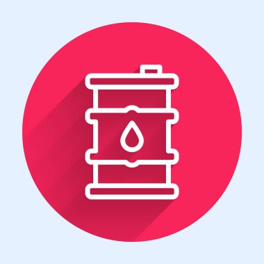 Beyaz çizgi varil yağı ikonu uzun gölgeli izole edilmiş. Kırmızı daire düğmesi. Vektör.