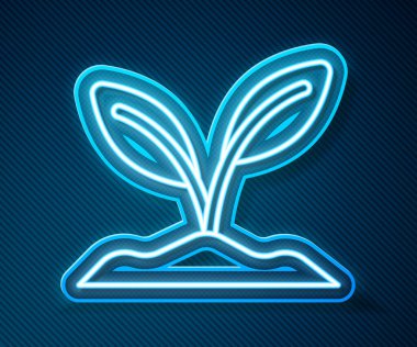 Parlayan neon çizgi ikonu mavi arkaplanda izole edildi. Tohum ve tohum. İşaret bırakıyor. Yaprak doğası. Vektör.