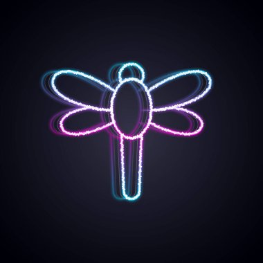 Parlayan neon hattı Dragonfly simgesi siyah arkaplanda izole edildi. Vektör.