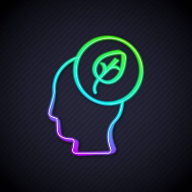 Parlayan neon hattı insan kafası ve ikon içinde yaprak parlayan neon çizgi arkaplanı izole edildi. Vektör.