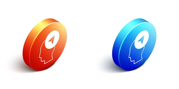 等距地图标识与一个人的轮廓图标孤立在白色背景 Gps定位符号 橙色和蓝色的圆形按钮 — 图库矢量图片