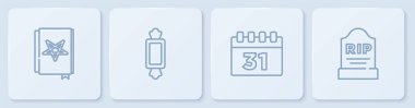 Kadim sihir kitabı, Cadılar Bayramı takvimi, Candy ve Tombstone RIP yazıldı. Beyaz kare düğme. Vektör.