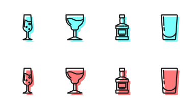 Viski şişesi, bir kadeh şampanya, şarap bardağı ve su ikonu. Vektör.
