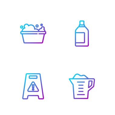 Sıralı çamaşır tozu, ıslak zemin, sabun köpüklü leğen ve temizlik malzemesi şişesi. Renk simgeleri. Vektör