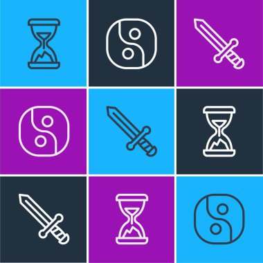 Eski kum saati, Ortaçağ kılıcı ve Yin Yang ikonu. Vektör