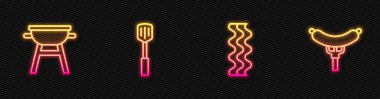 Pastırma şeridi, ızgara ızgara, spatula ve çatal sosis. Parlayan neon ikonu. Vektör