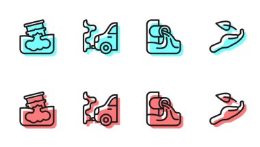 Atık su hattı, fıçı yağı sızıntısı, araba egzozu ve filizlenme ikonu. Vektör