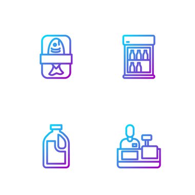 Kasiyer kasiyer, temizlikçi için şişe, plastik balık tepsisi kabı ve ticari buzdolabı. Renk simgeleri. Vektör