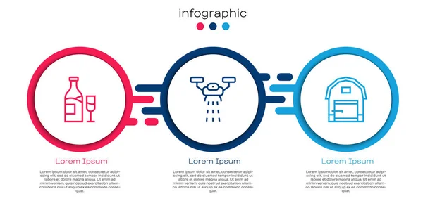 Set Linie Weinflasche Mit Glas Smart Farm Drohne Und Bauernhaus — Stockvektor