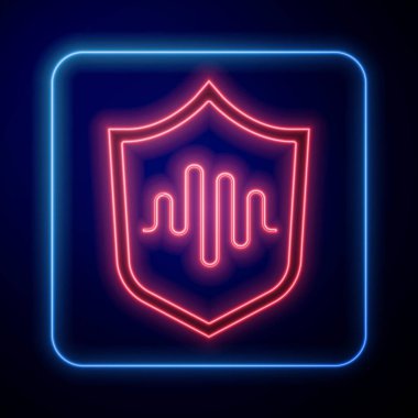 Parlayan neon kalkanı ses tanıma simgesi mavi arkaplanda izole edildi. Kimlik tanıma için ses biyometrik kimlik doğrulaması. Vektör.